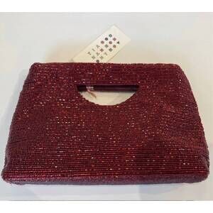 NEW TIANA cutout handle linear bead clutch in metallic wine